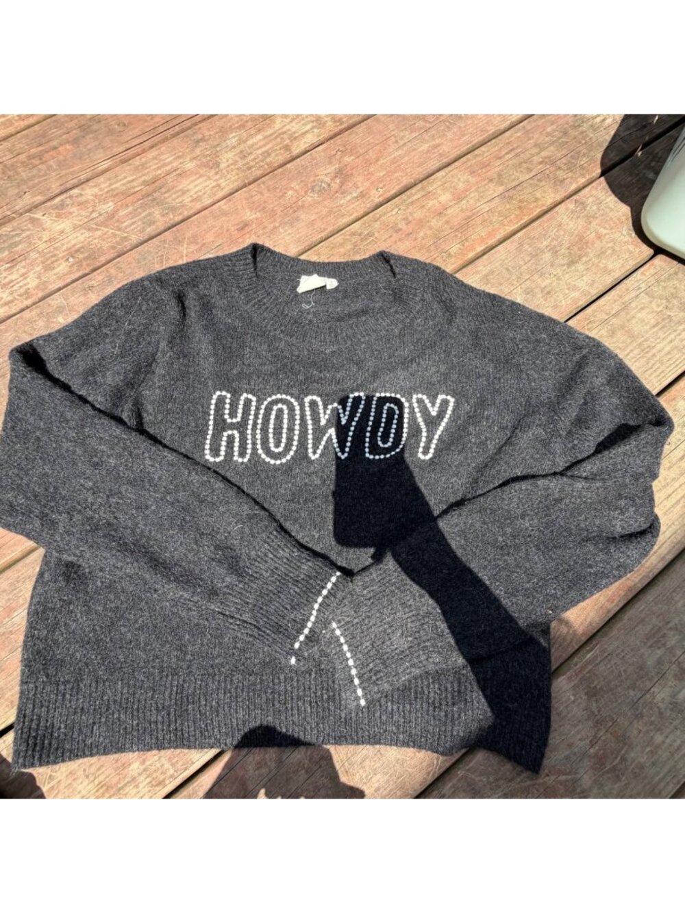 White Crow Howdy Embroidered Charcoal Gray Knit Sweater